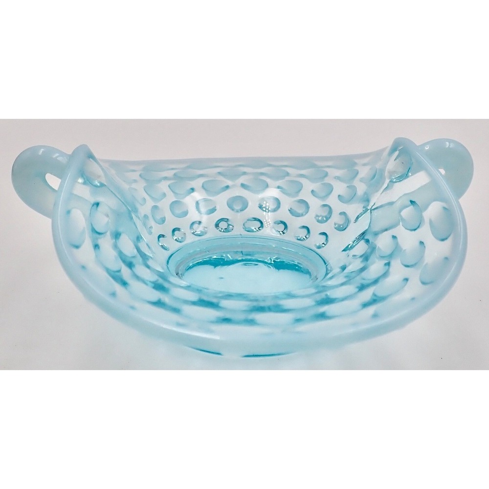 Vintage Fenton Baby Blue Opalescent Hobnail Candy Bowl Two Handled 4.4"